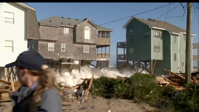 FOX Weather Correspondent Katie Byrne reacts to another home falling into the ocean in Buxton, North Carolina. This is the 8th home to collapse in just a few days.